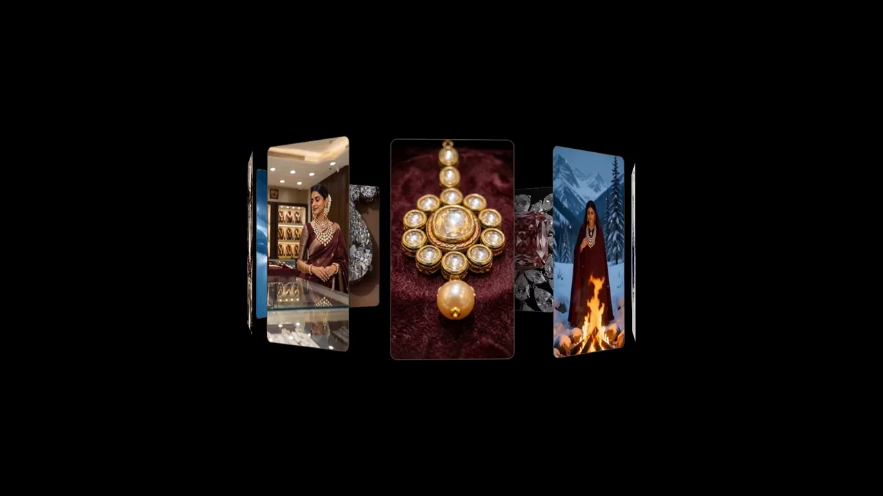 Finished Cinroom films: a kundan necklace, a showroom portrait and a campaign shot in snow